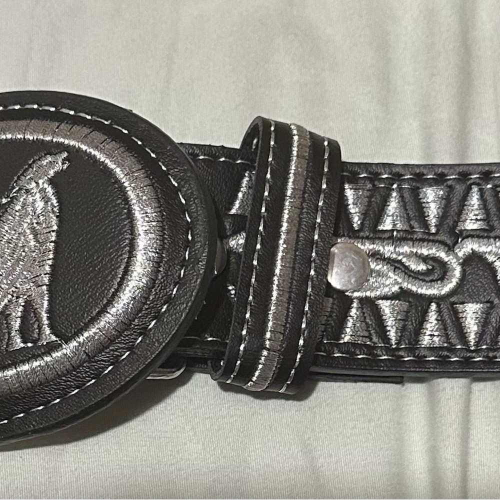 YAC Size 36 Genuine Leather Rooster Black and Silk Silver Embroidered Belt